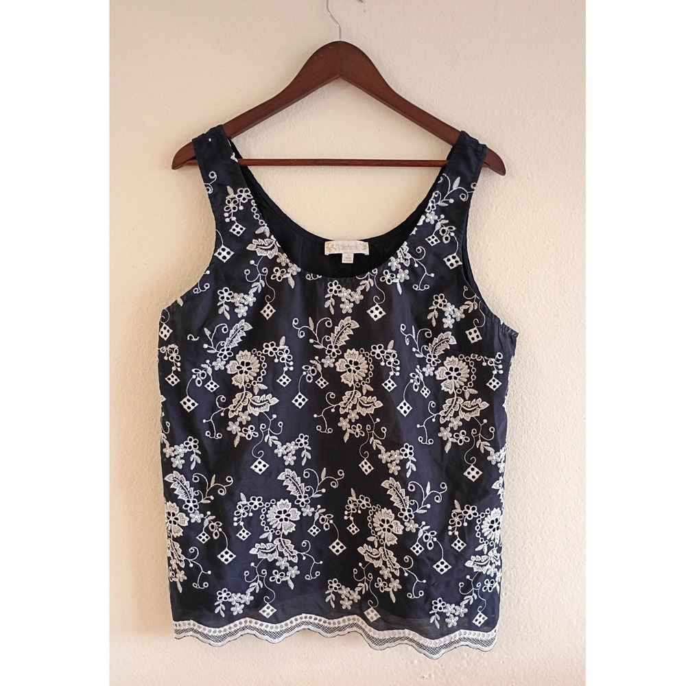 Weekend Suzanne Betro Navy Blue Floral Embroidered Eyelet Tank Top Size 1X Boho